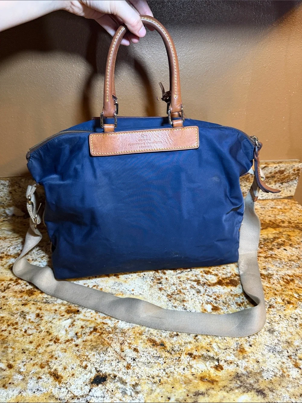 Dooney & Bourke Navy Nylon Messenger Bag with Tan Leather Trim